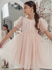 A Little Lacey Nina Sparkle Peach Flower Girl Dress