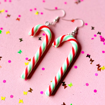 Sweet As Sugar Jewellery Dangle Christmas Earrings -Green & Red Candy Cane