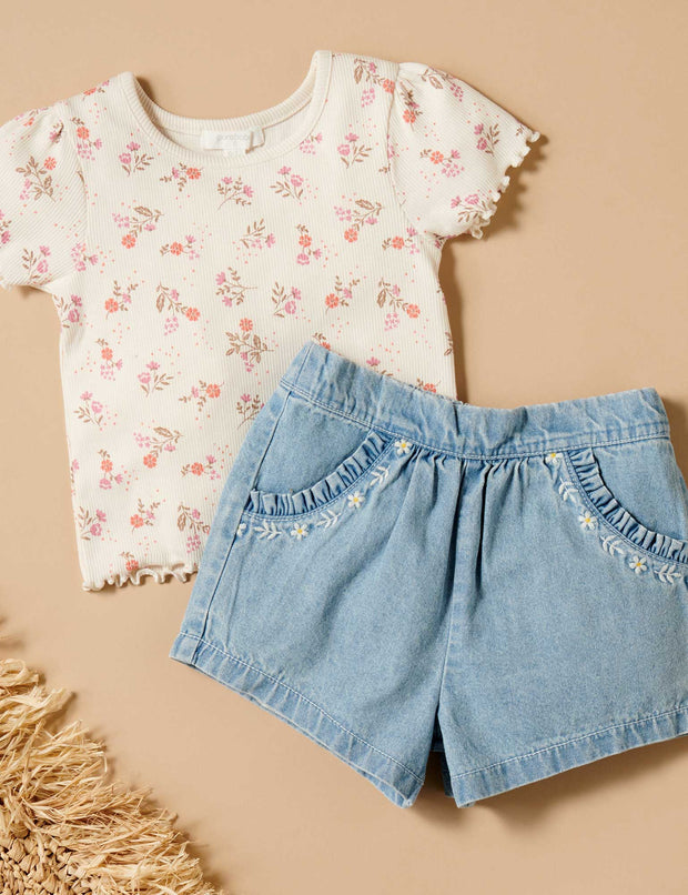 Purebaby Short Rib Tee - Cloud Daisy Print